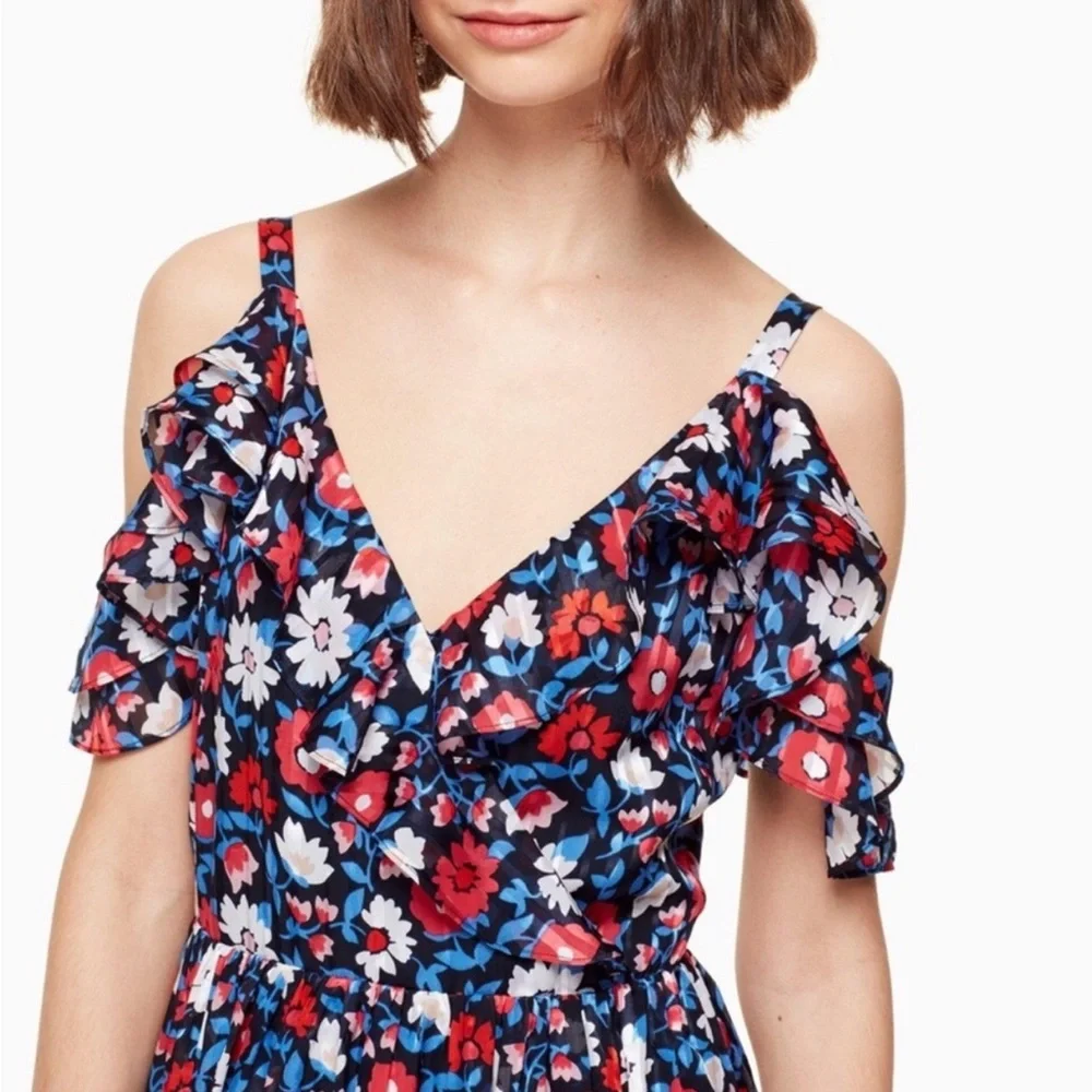 Kate Spade Cold Shoulder Navy Daisy Print Silk Midi Dress NWOT